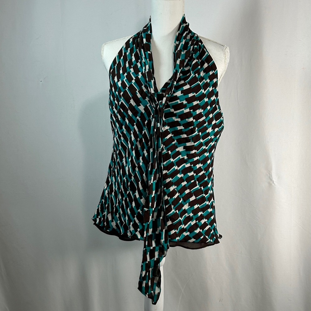 Banana Republic Women's L Geometric Print Halter‎ Neck Tie Front Silk Top
